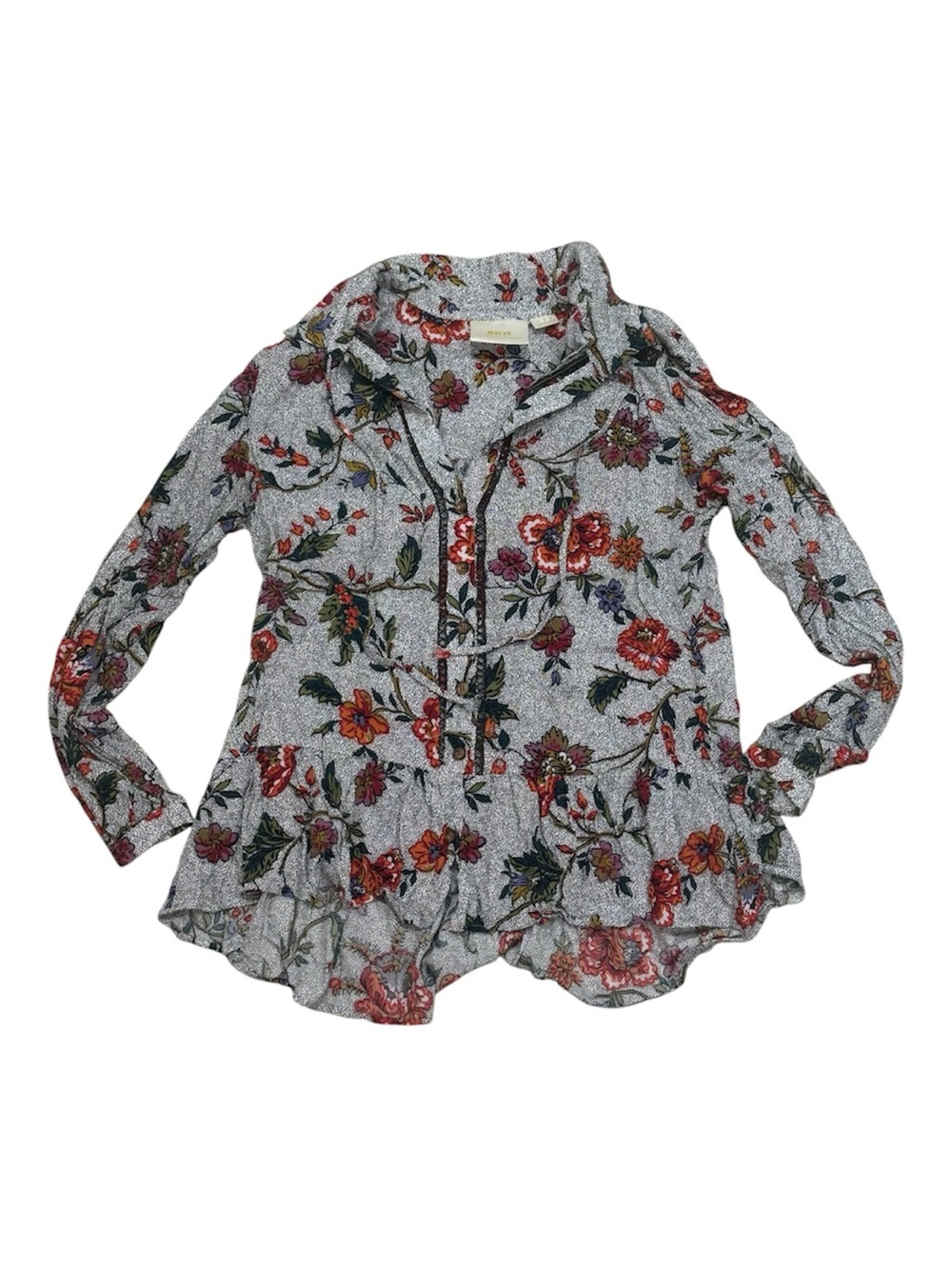 Anthropologie Gray Floral Henley Peplum Top with Red & Green Accents